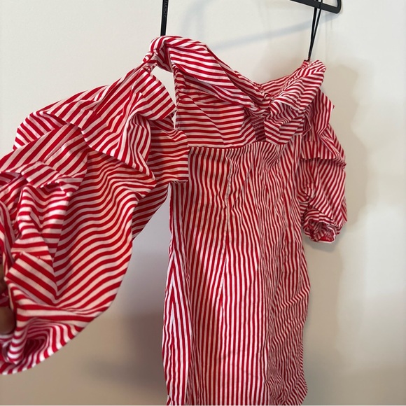 Red White Striped Mini Dress Ruffle Sleeves - Picture 1 of 6